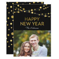 Black Faux Gold Happy New Year Lights Photo Card