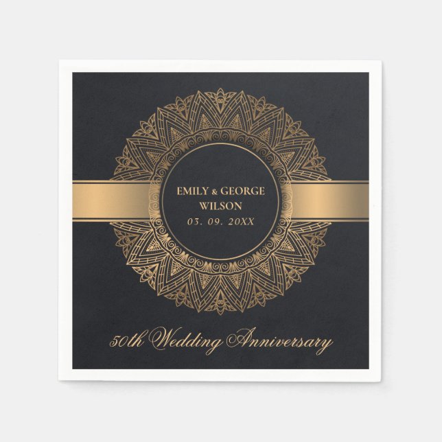 BLACK FAUX GOLD MANDALA ANY YEAR 50TH ANNIVERSARY NAPKINS (Front)