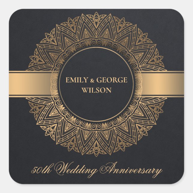 BLACK FAUX GOLD MANDALA ANY YEAR 50TH ANNIVERSARY SQUARE STICKER (Front)