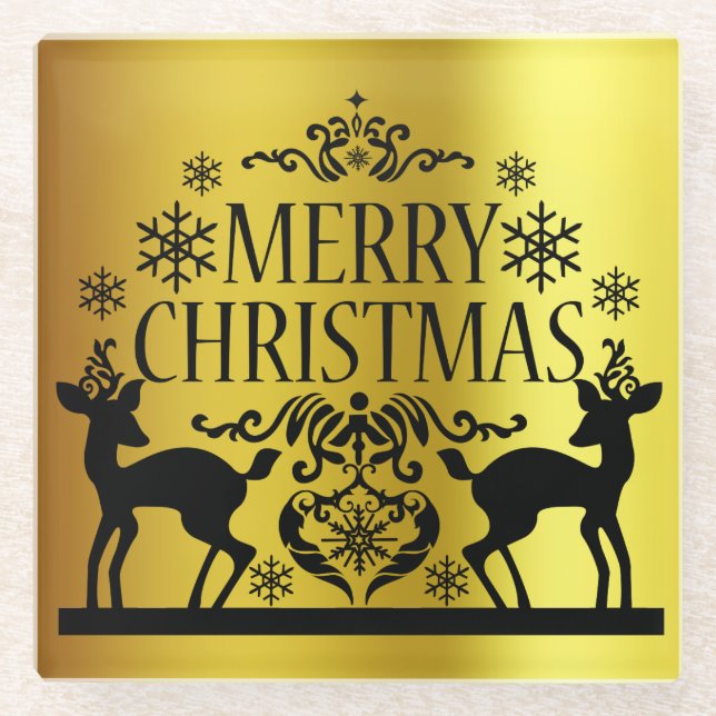 Black Faux Gold Merry Christmas Glass Coaster (Front)