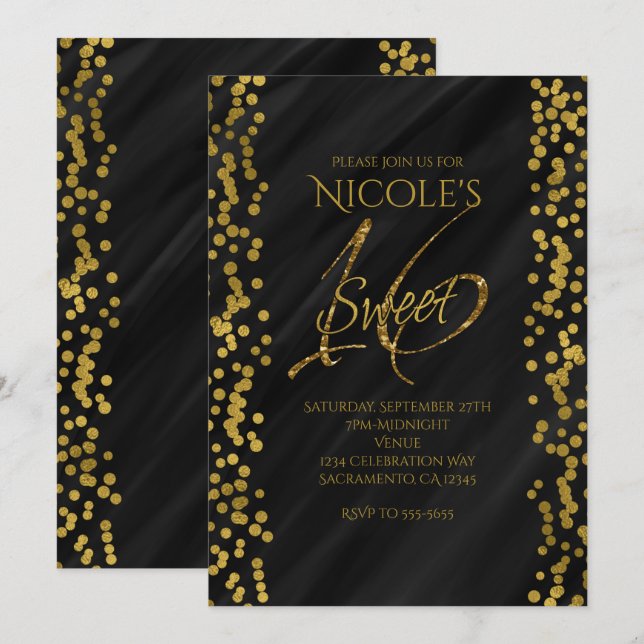 Black & Faux Gold Modern Glamour SWEET 16 Sixteen Invitation (Front/Back)