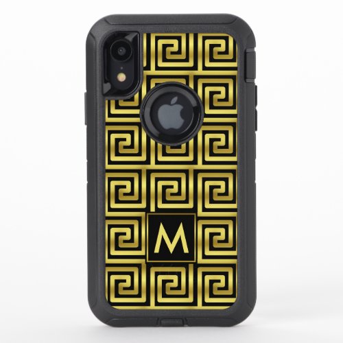 Black Faux Gold Monogram Classy Upscale Greek Key OtterBox Defender iPhone XR Case