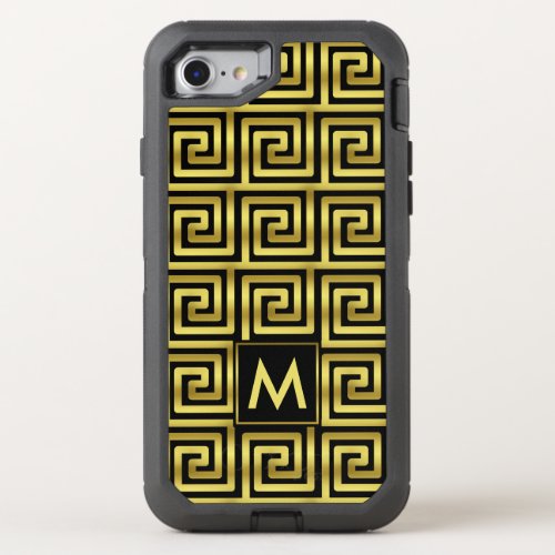 Black Faux Gold Monogram Classy Upscale Greek Key OtterBox Defender iPhone SE87 Case