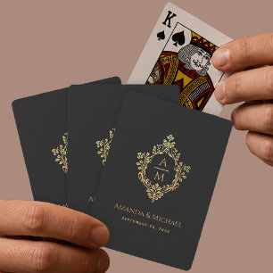 Black Faux Gold Monogram in Crest Elegant Wedding Poker Cards