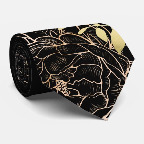 Black  Faux Gold Peony Modern Line Floral Wedding Neck Tie