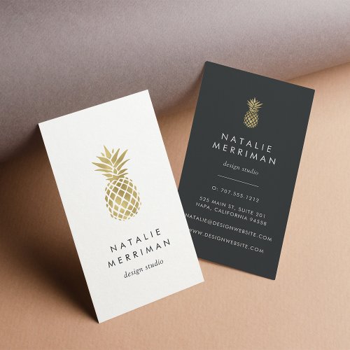 Black  Faux Gold Pineapple Vertical Business Card