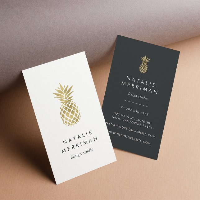 Black & Faux Gold Pineapple Vertical Business Card (Creator Uploaded)