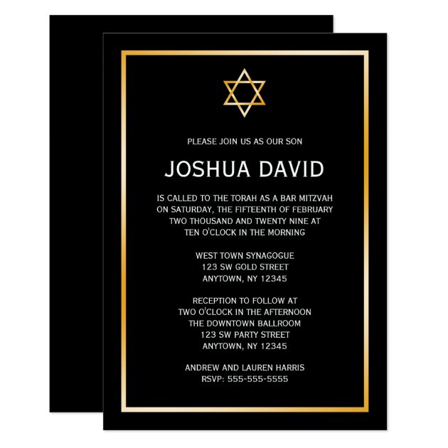 Black Faux Gold Star Of David Bar Mitzvah Invitation