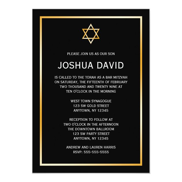 Black Faux Gold Star Of David Bar Mitzvah Invitation