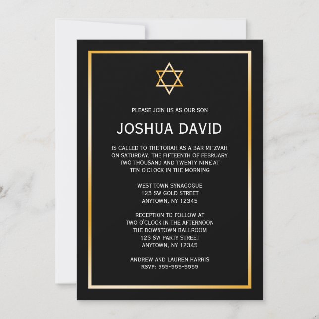 Black Faux Gold Star of David Bar Mitzvah Invitation (Front)