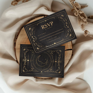 Black & Faux Gold Tarot Celestial Wedding RSVP Card