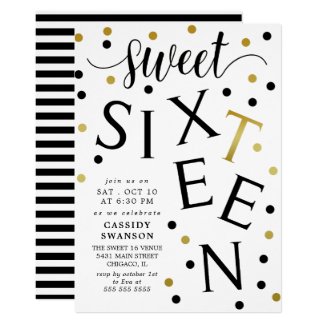 Black & Faux Gold Typography Sweet Sixteen Invitation