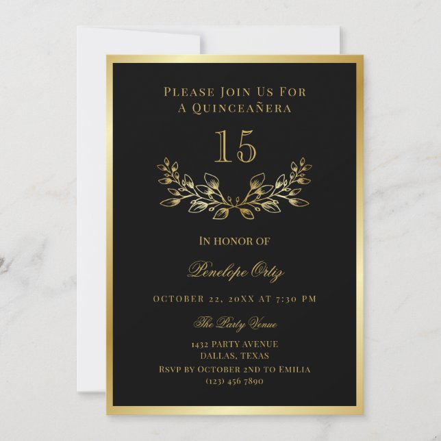 Black Faux Gold Wreath Quinceañera  Invitation (Front)