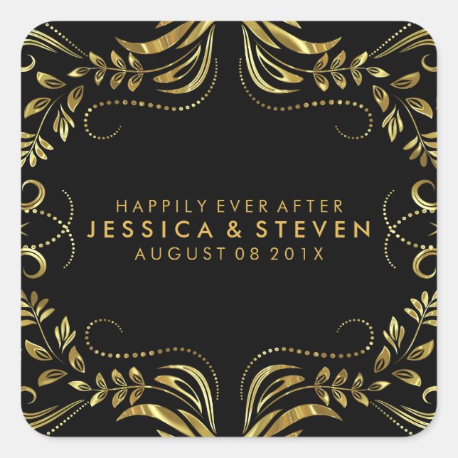 Black & Faux GoldFloral Lace Wedding Sticker (Front)