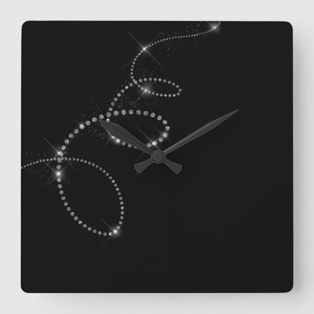 Black Faux Gray Crystals Swarovski Like Infinity Square Wall Clock (Front)