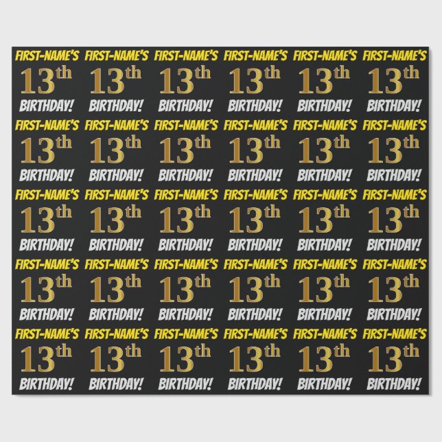 Black, Faux/Imitation Gold, "13th BIRTHDAY" Wrapping Paper (Flat)