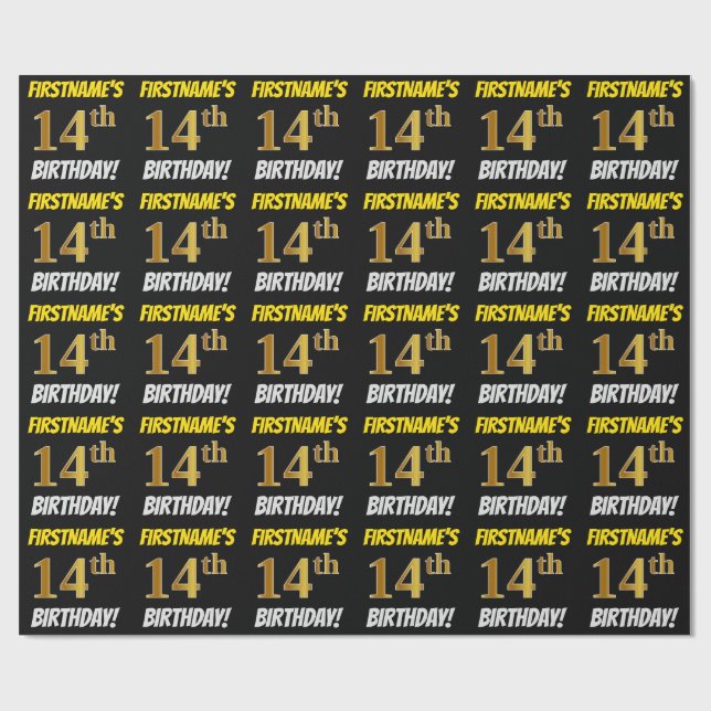 Black, Faux/Imitation Gold, "14th BIRTHDAY" Wrapping Paper (Flat)