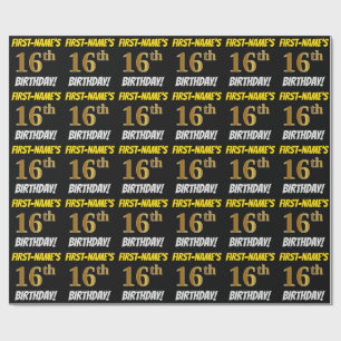 Black, Faux/Imitation Gold, "16th BIRTHDAY" Wrapping Paper