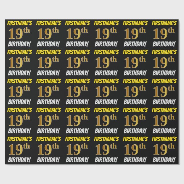 Black, Faux/Imitation Gold, "19th BIRTHDAY" Wrapping Paper (Flat)