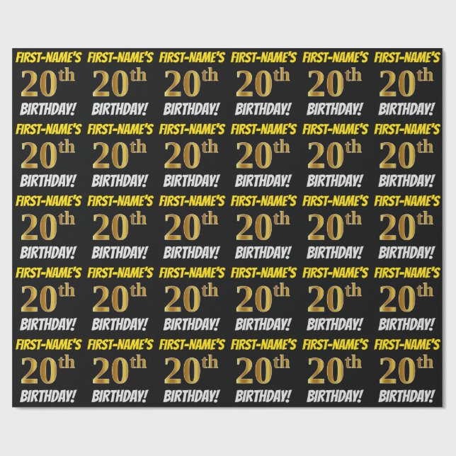 Black, Faux/Imitation Gold, "20th BIRTHDAY" Wrapping Paper (Flat)