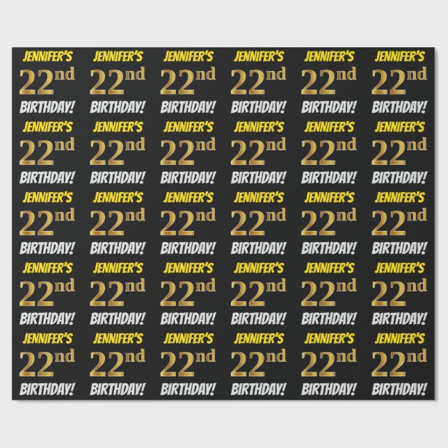 Black, Faux/Imitation Gold, "22nd BIRTHDAY" Wrapping Paper (Flat)