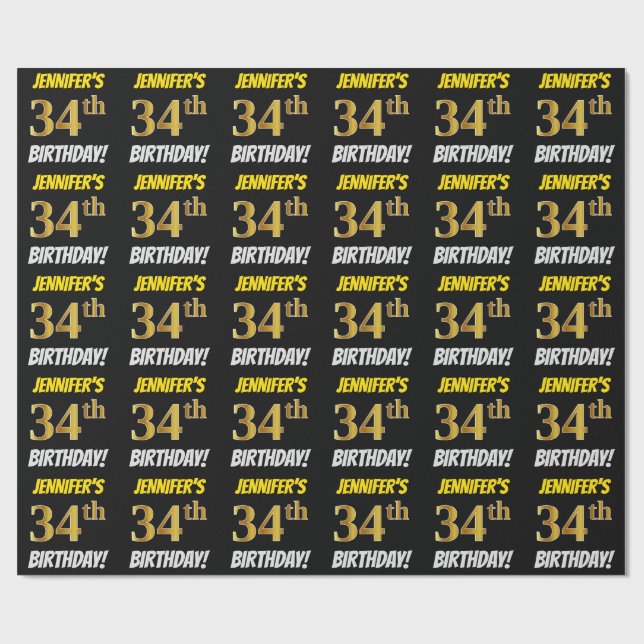 Black, Faux/Imitation Gold, "34th BIRTHDAY" Wrapping Paper (Flat)