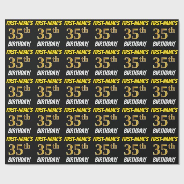Black, Faux/Imitation Gold, "35th BIRTHDAY" Wrapping Paper (Flat)