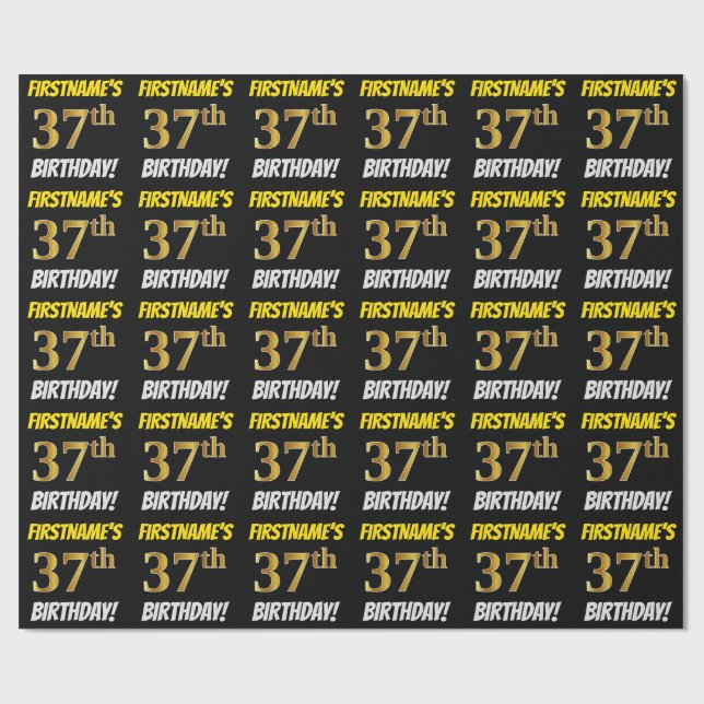 Black, Faux/Imitation Gold, "37th BIRTHDAY" Wrapping Paper (Flat)