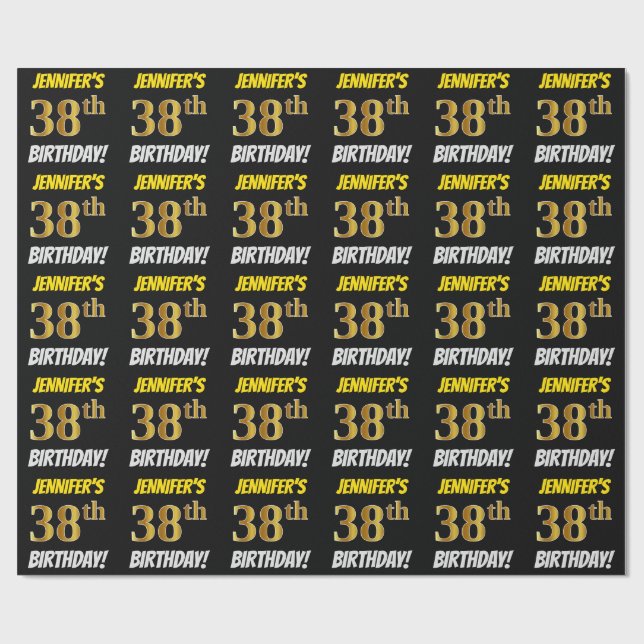 Black, Faux/Imitation Gold, "38th BIRTHDAY" Wrapping Paper (Flat)