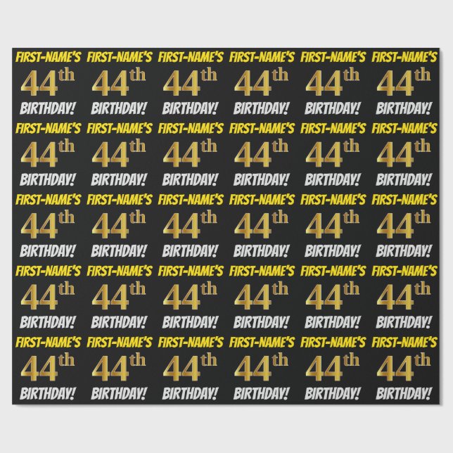 Black, Faux/Imitation Gold, "44th BIRTHDAY" Wrapping Paper (Flat)