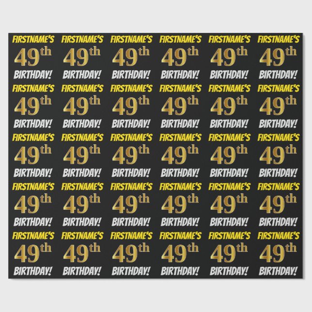 Black, Faux/Imitation Gold, "49th BIRTHDAY" Wrapping Paper (Flat)