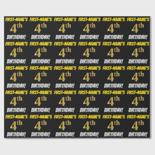 Black, Faux/Imitation Gold, "4th BIRTHDAY" Wrapping Paper