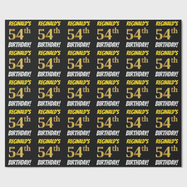 Black, Faux/Imitation Gold, "54th BIRTHDAY" Wrapping Paper (Flat)