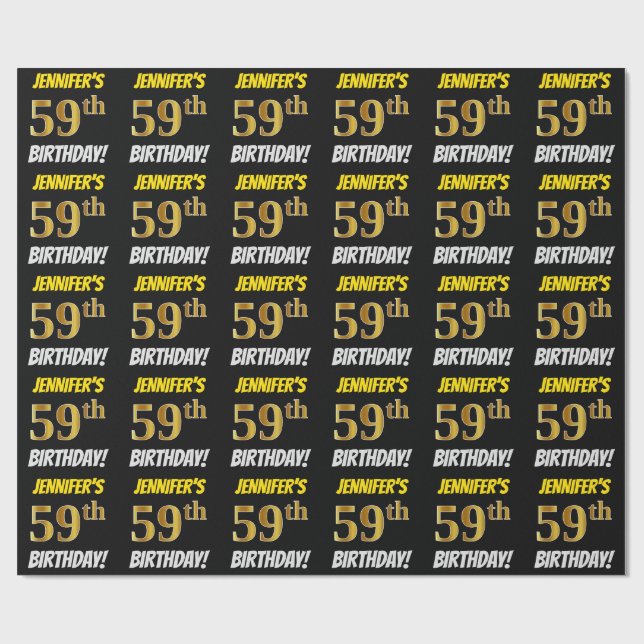 Black, Faux/Imitation Gold, "59th BIRTHDAY" Wrapping Paper (Flat)