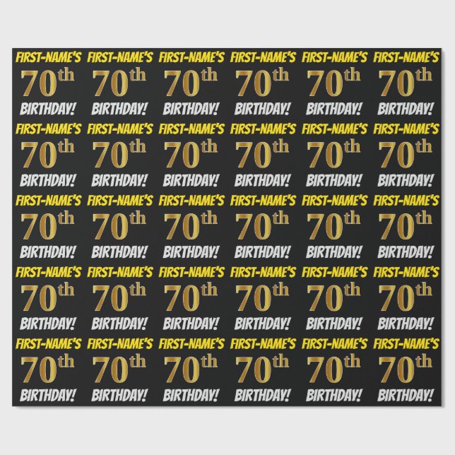 Black, Faux/Imitation Gold, "70th BIRTHDAY" Wrapping Paper (Flat)