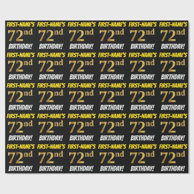 Black, Faux/Imitation Gold, "72nd BIRTHDAY" Wrapping Paper (Flat)