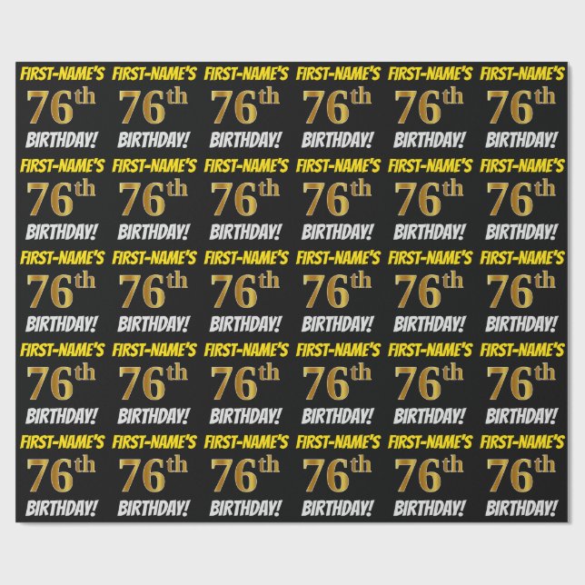 Black, Faux/Imitation Gold, "76th BIRTHDAY" Wrapping Paper (Flat)