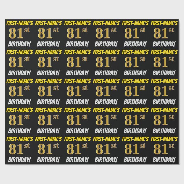 Black, Faux/Imitation Gold, "81st BIRTHDAY" Wrapping Paper (Flat)