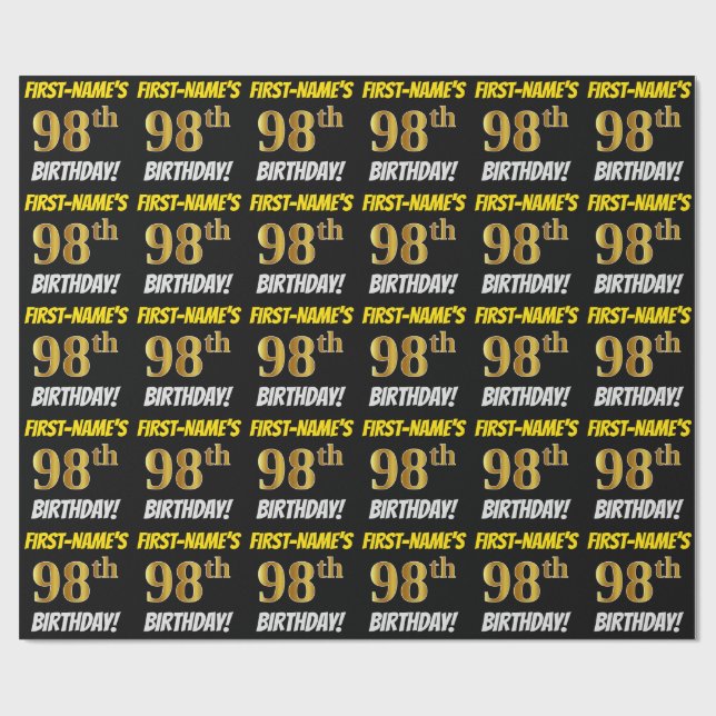Black, Faux/Imitation Gold, "98th BIRTHDAY" Wrapping Paper (Flat)