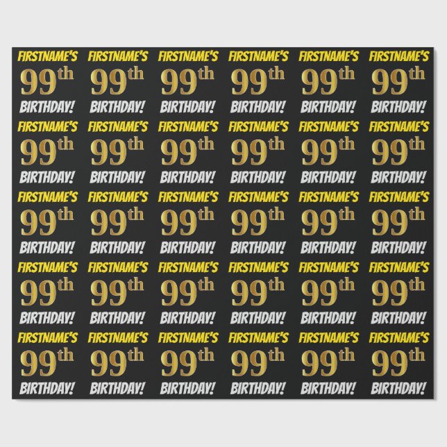 Black, Faux/Imitation Gold, "99th BIRTHDAY" Wrapping Paper (Flat)