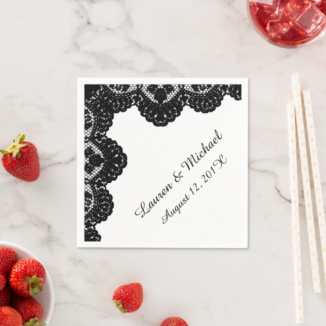 Black Faux Lace on White Wedding Napkins (Insitu)