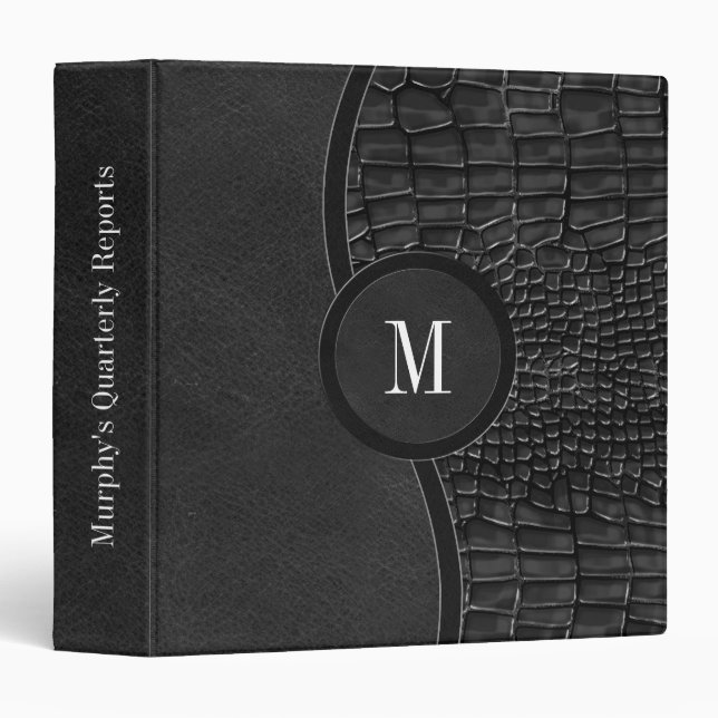 Black Faux Leather Alligator Skin Luxury Monogram 3 Ring Binder (Front/Spine)
