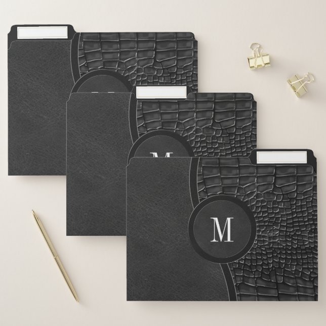 Black Faux Leather Alligator Skin Luxury Monogram File Folder (Set)