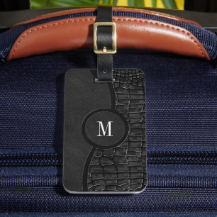 Black Faux Leather Alligator Skin Luxury Monogram Luggage Tag