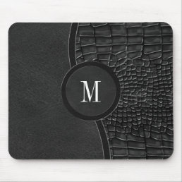 Black Faux Leather Alligator Skin Luxury Monogram Mouse Pad