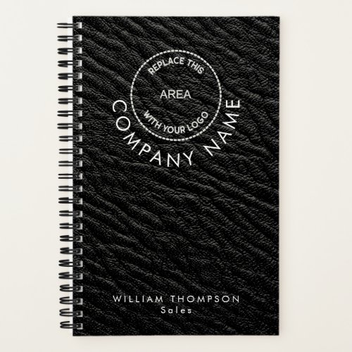 Black Faux Leather Company Staff Name Logo QR Code Notebook