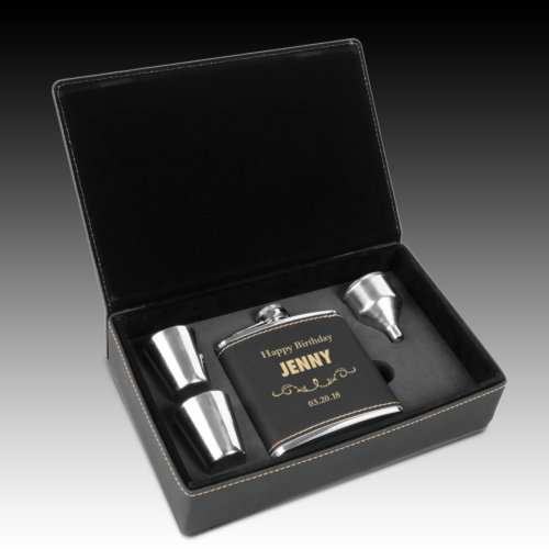 Black Faux Leather Engraved Flask Gift Set
