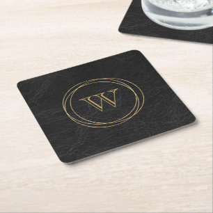 Black Faux Leather Gold Circles Monogram Square Paper Coaster