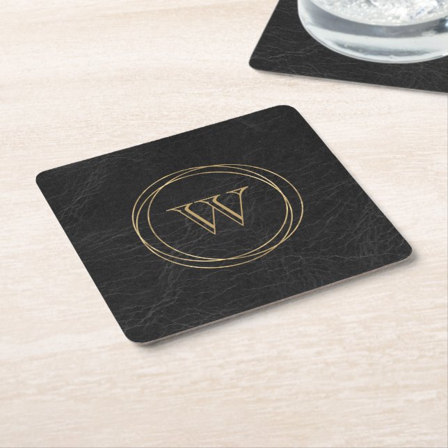 Black Faux Leather Gold Circles Monogram Square Paper Coaster (Angled)