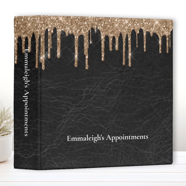 Black Faux Leather Gold Glitter Drip Appointment 3 Ring Binder (Creator Uploaded)